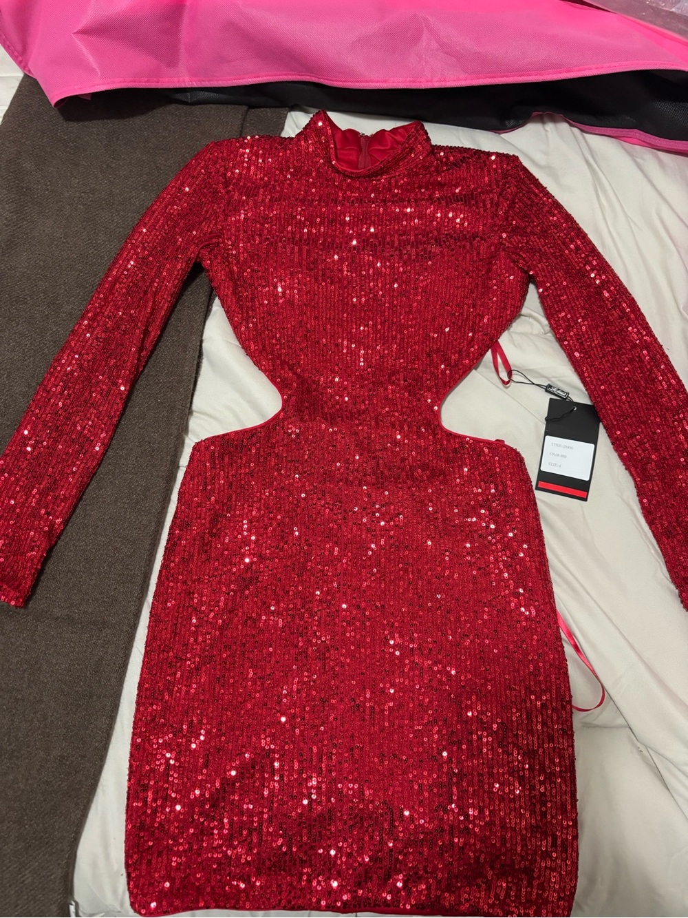 La Femme Red Sequin Long-Sleeve Cutout Dress